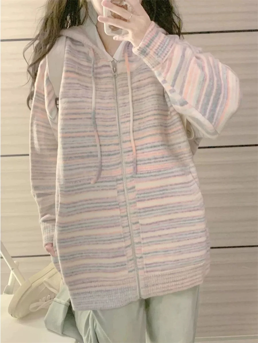 Toloer Toloer Splicing Striped Sweater Female 2024 Autumn And Winter New Design Sense Lazy Wind Female Knit Cardigan Coat Tide-Outfit Ideas