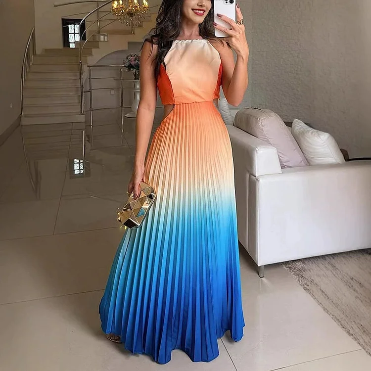Fashionable Backless Tie Elegant Gradient Pleated Maxi Dress 
