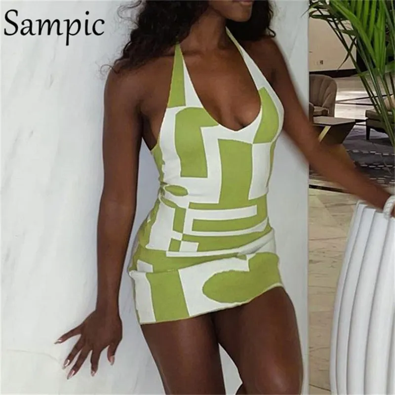 Sampic Knitted Halter Sweater Dress Women Sexy Party Club Sleeveless Y2K Print Mini Wrap Dress 2021 Autumn Backless Dresses