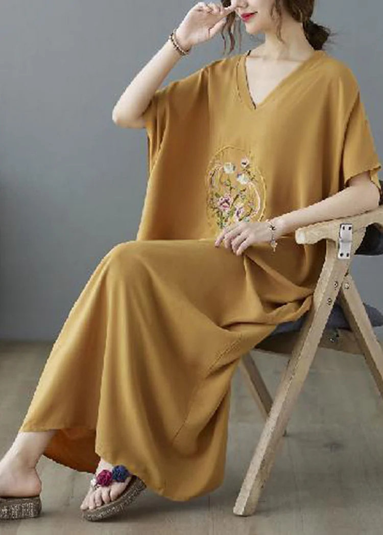 Bohemian Yellow V Neck Embroideried Cotton Long Dresses Summer