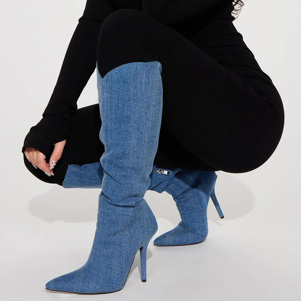 Cowboy Full Navy Blue Pointed Toe Thigh Knee Boots 