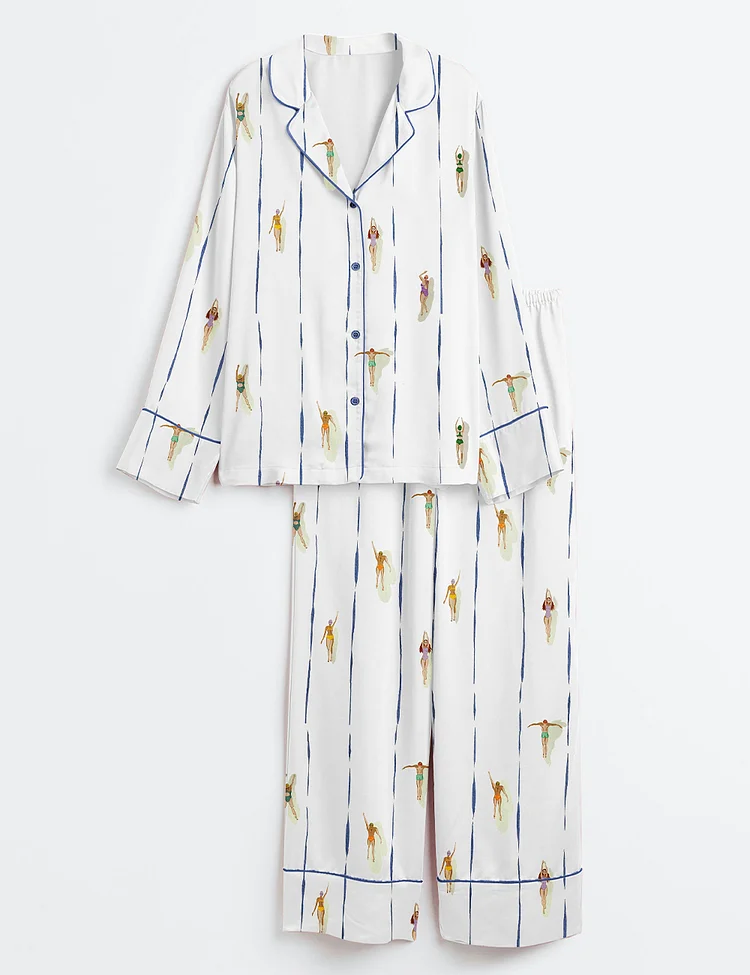 Women&rsquo;s People Swimming In Pool Summer Minimalist Tiny Swimmers Print Long Sleeve Satin Pajama Set