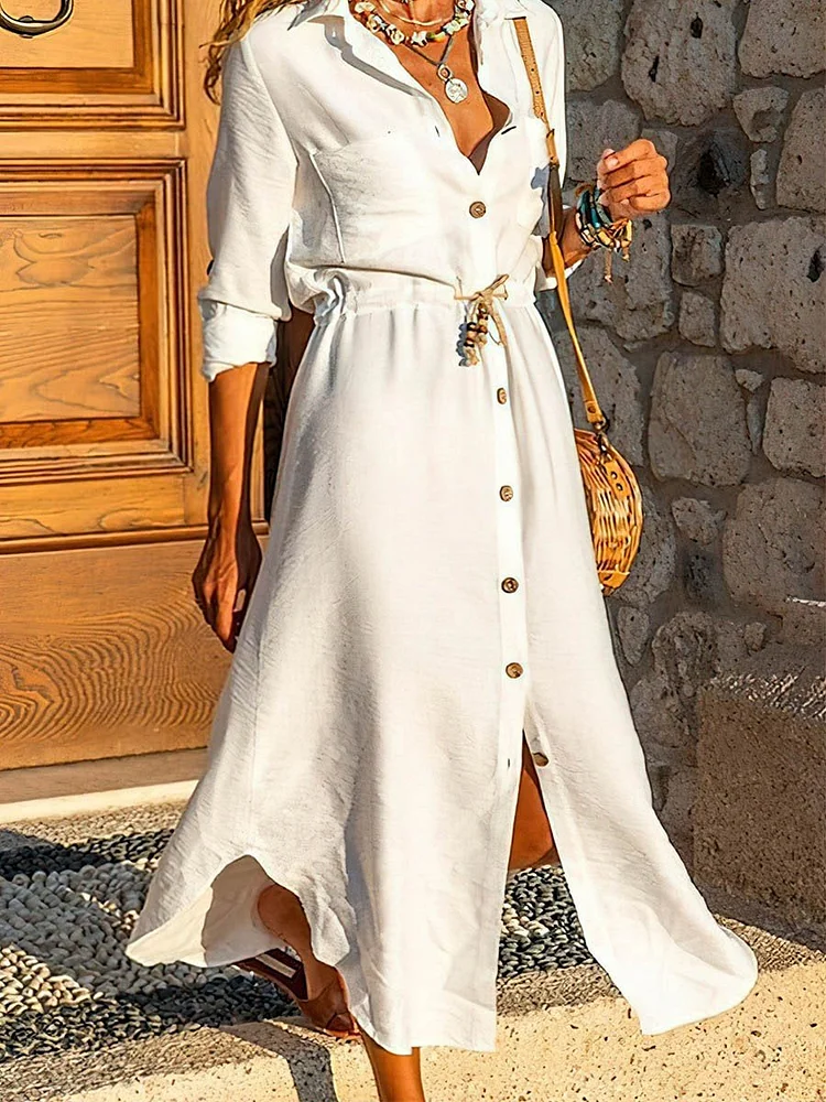Women's Solid Button Down Maxi Shirt Summer Casual Dress