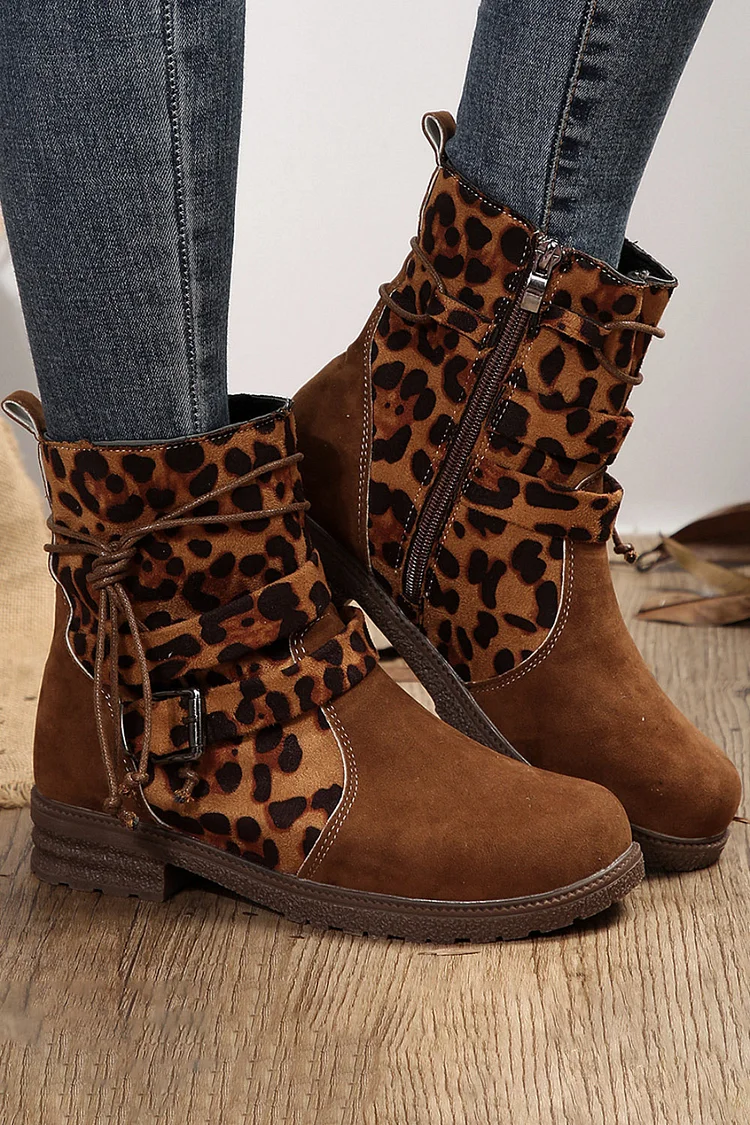 Leopard Print Lace Up Strap Buckle Patchwork Round Toe Boots 2024 - Xpluswear