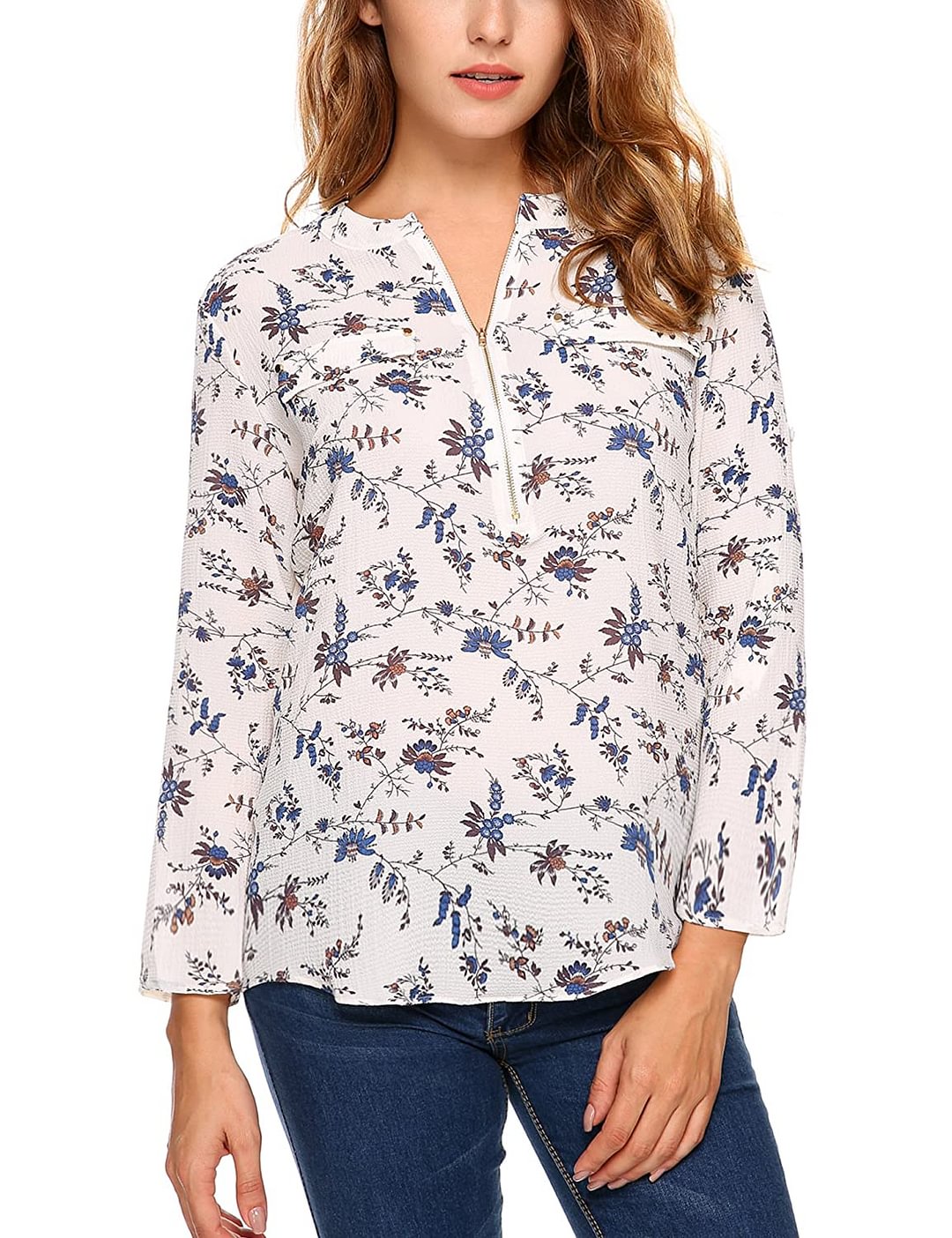 Women V Neck Long Sleeve Roll-Up Sleeve Floral Print Casual Shirt Blouse Zip Up Top