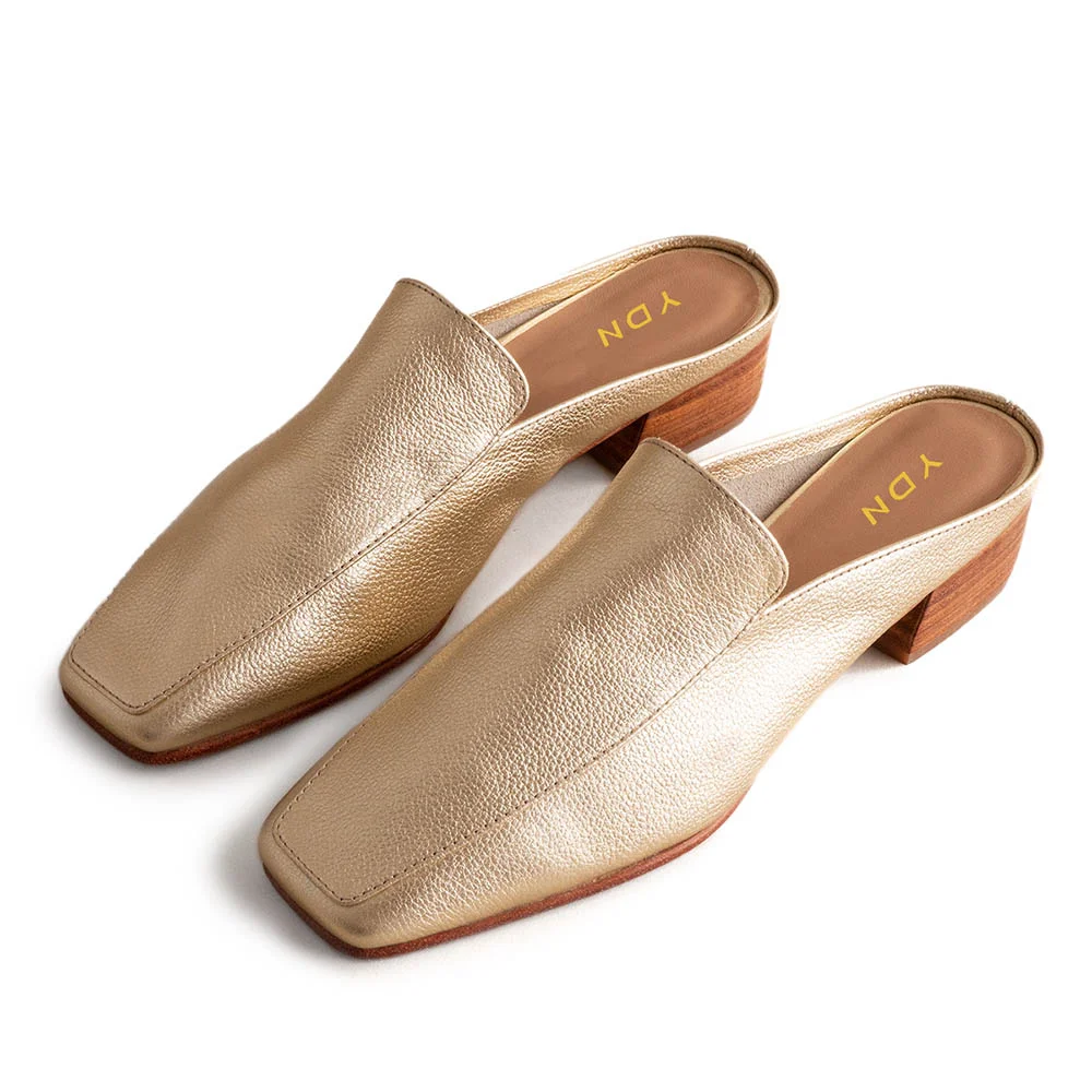Gold Metallic Finish Square Toe Block Heel Loafer Mules for Women