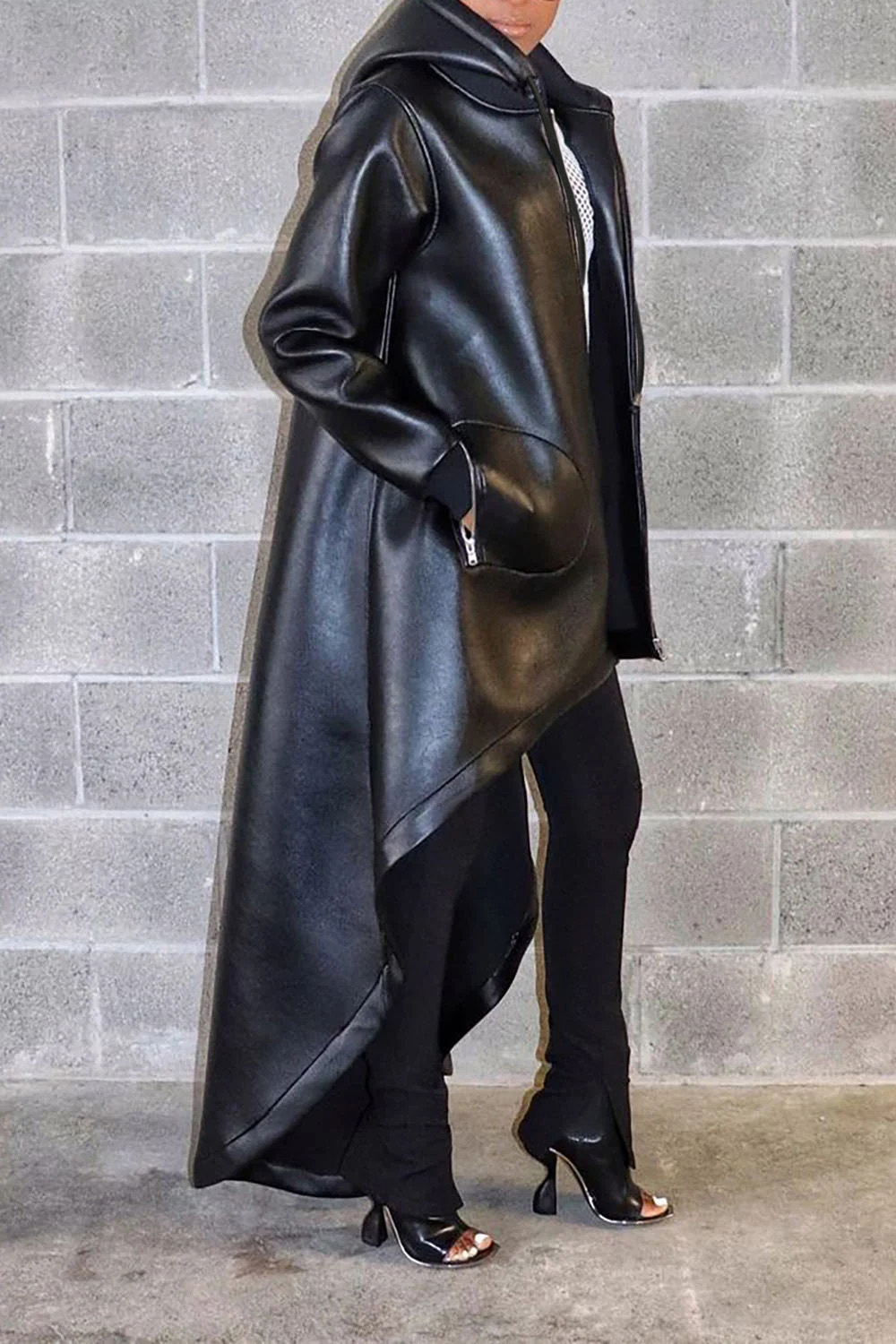 Plus Size Daily Outerwear Casual Black Long Fall Winter Long Sleeve Irregular Hem PU Leather Outerwear With Pocket