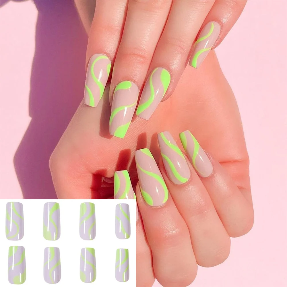 24pcs Wavy Square Coffin Artificial False Nails With Designs Wearable Ballerina Fake Nails Full Cover Nail Tips Manicure Tool