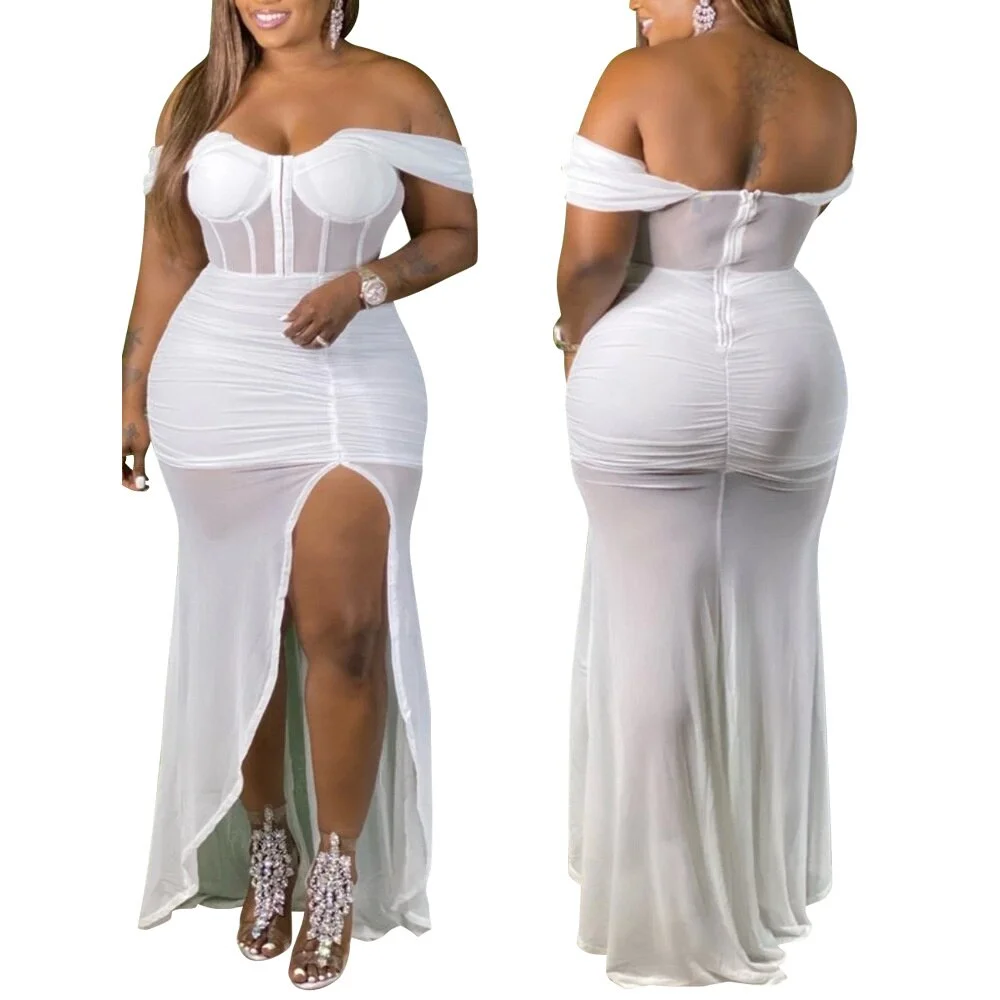 Plus Size 5XL Party Dress Elegant Women One Shoulder Solid Backless Irregular Split Maxi Birthday Outfits Wholesale Dropshipping