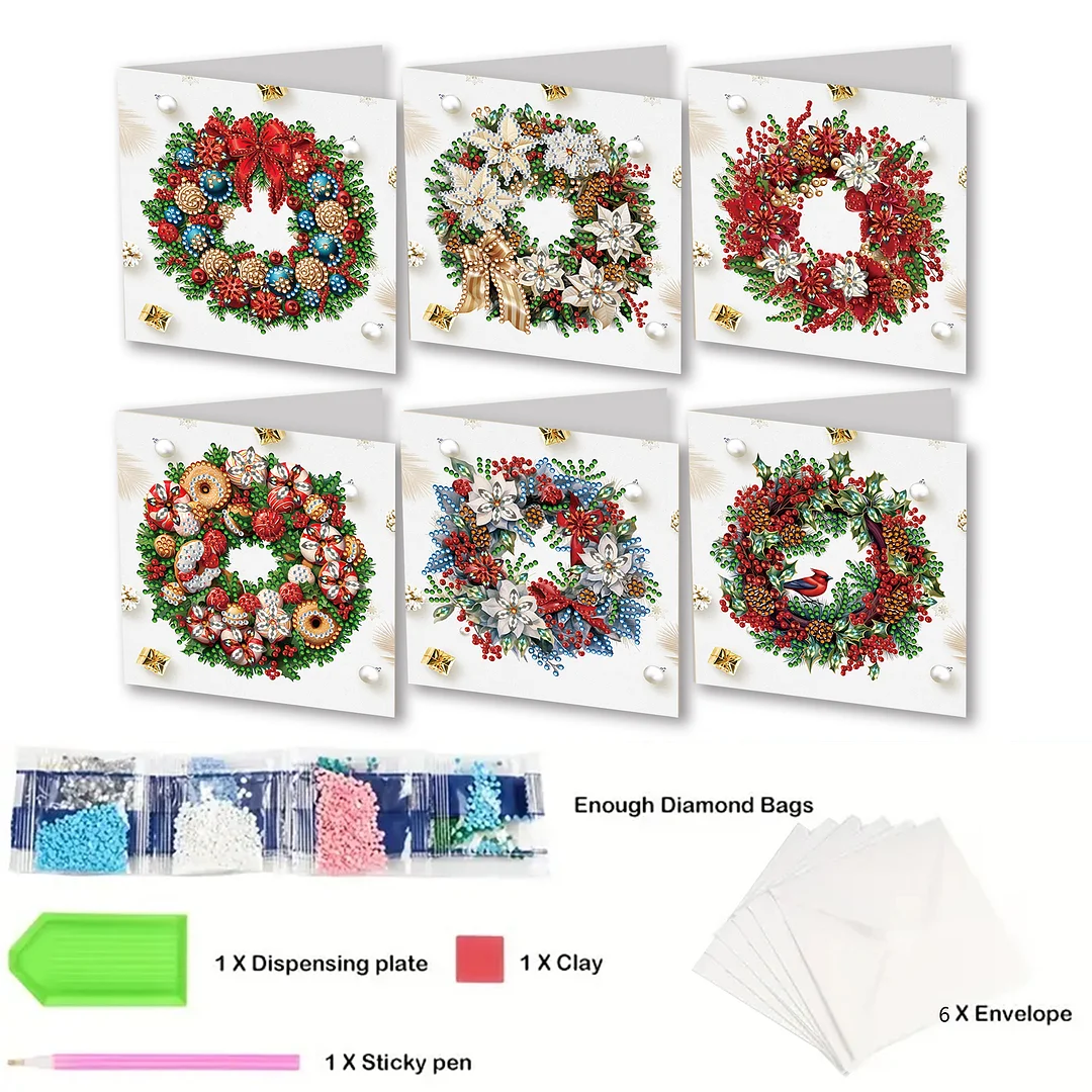 6Pcs Christmas Wreath DIY Diamond Painting Card for Friends Family Gift