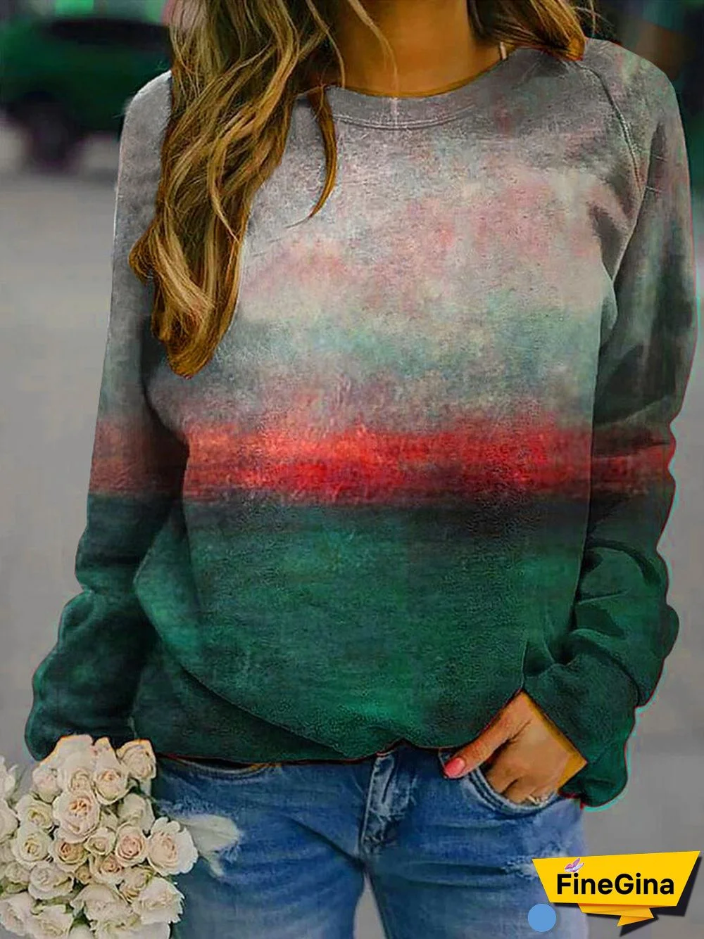 Landscape Prints Long Sleeves O-neck Casual T-shirt For Women