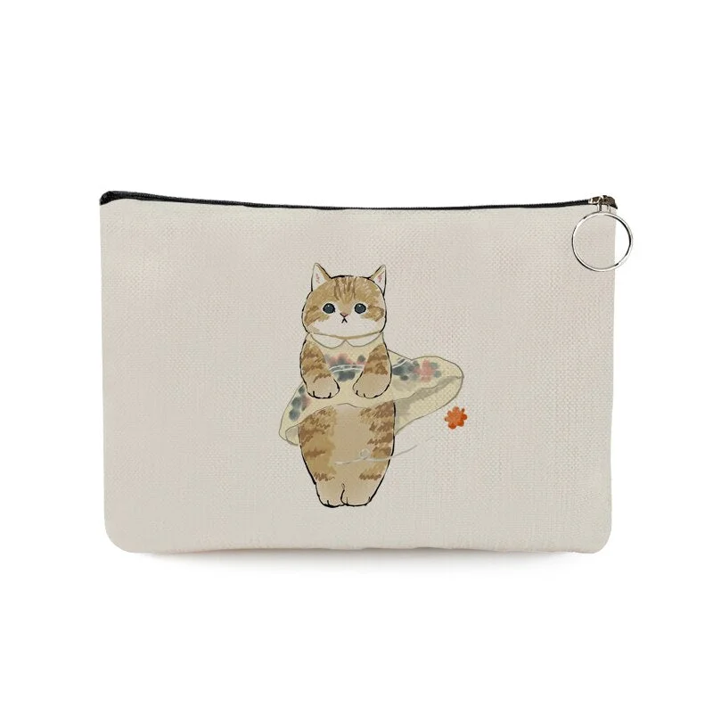 Women Canvas Cosmetic Bags Cute Cat Funny Cartoon Harajuku Graphic Print Travel Portable Storage Pouch Makeup Toiletry Bags