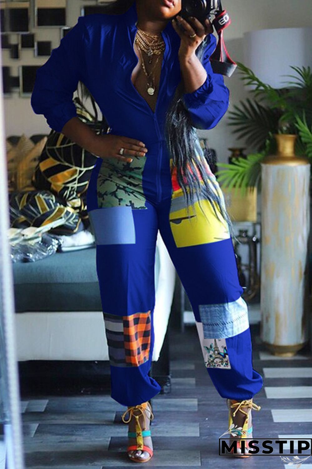 Leopard print Chemical fiber blend Sexy zipper Leopard Print Camouflage Zippered Zipper Plus Size