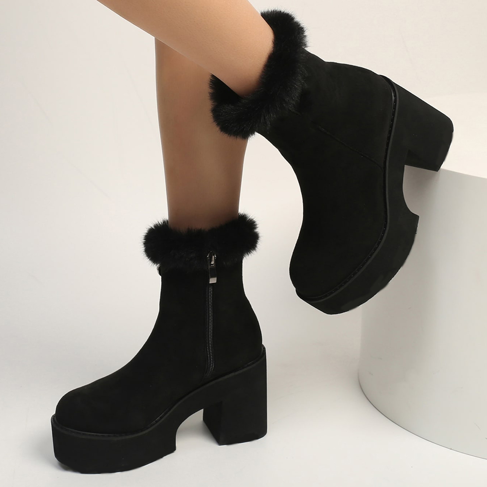 Black Round Toe Vegan Suede Furry Trim Chunky Heel Platform Booties Nicepairs