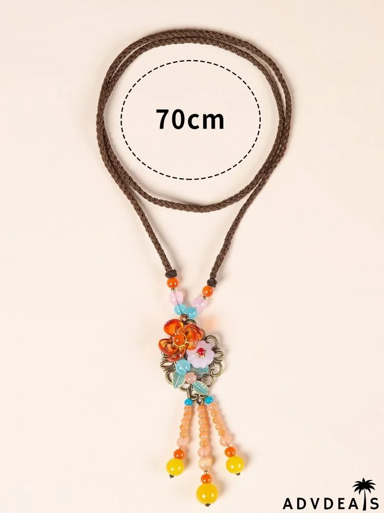 Flower & Bead Tassel Charm Necklace