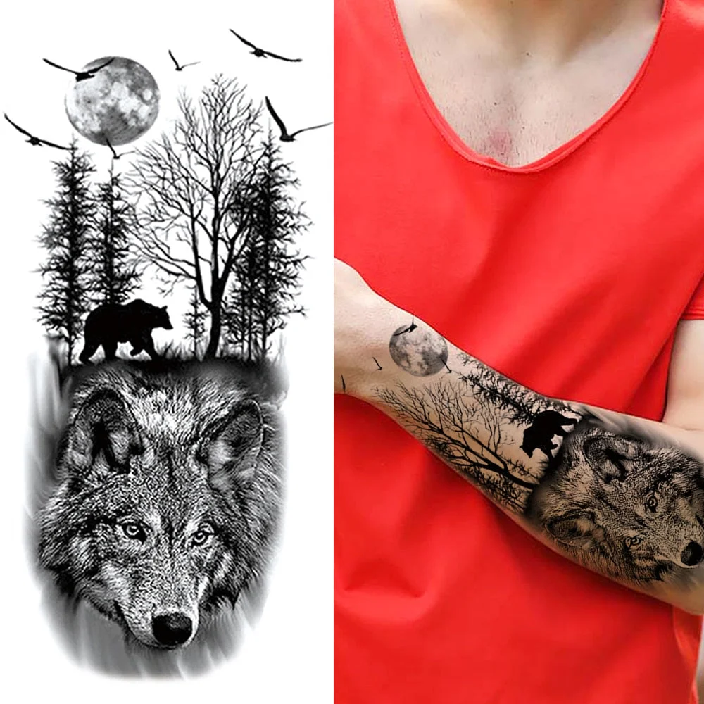 Tribal Tiger Diamond Temporary Tattoos For Women Men Cross Lion Skull Tattoo Sticker Black Wolf Fake Forest Animal Tatoo Forearm