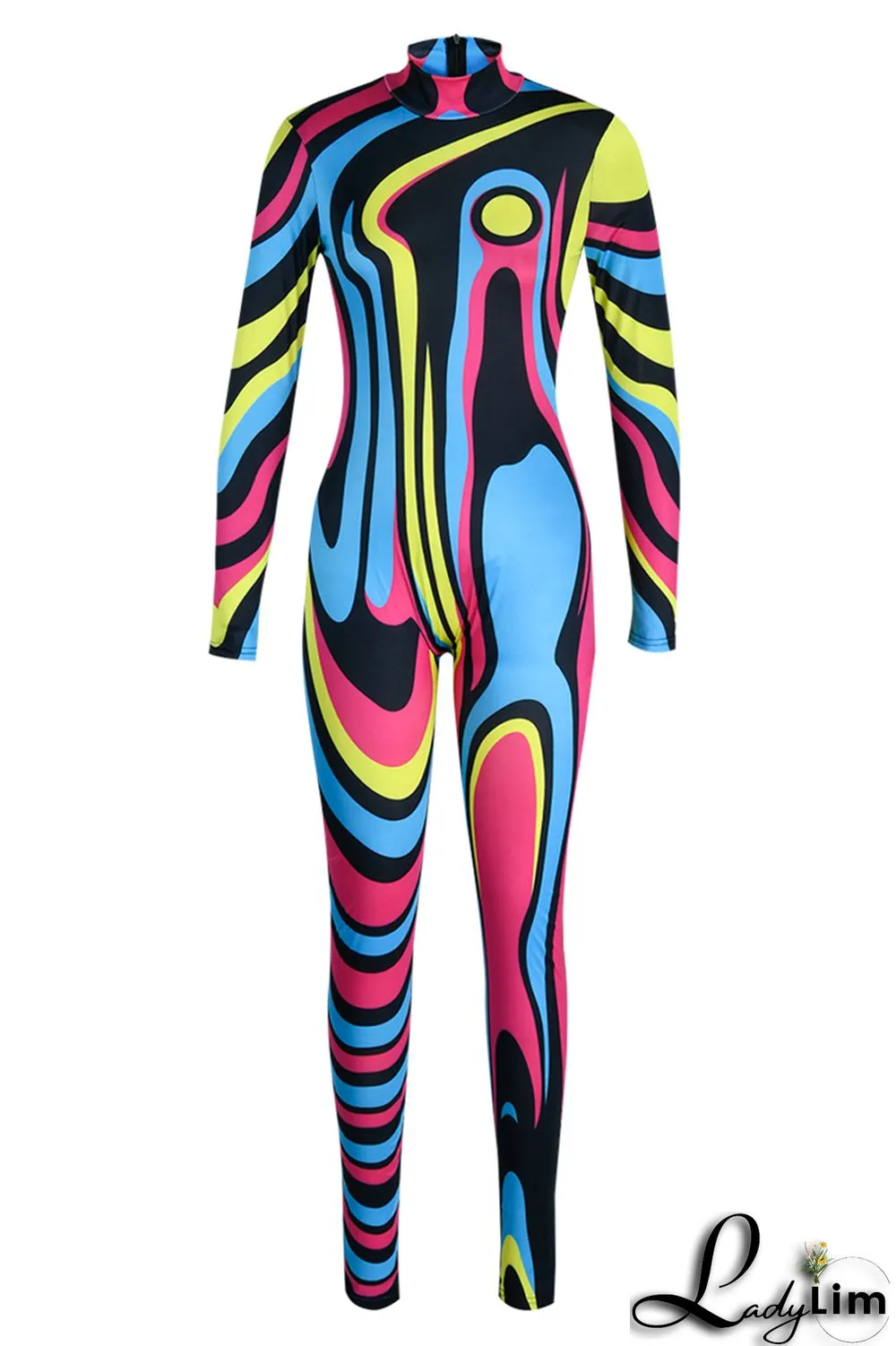 Black Fashion Casual Print Patchwork Half A Turtleneck Skinny Jumpsuits