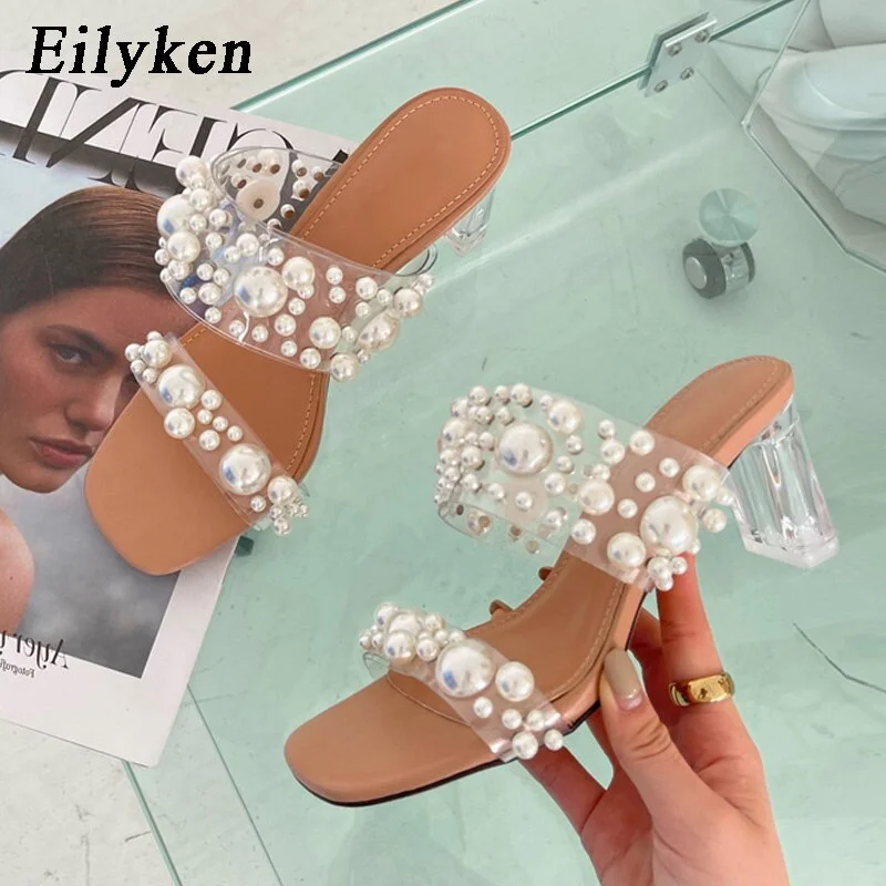 New Fashion Pearl Design PVC Transparent Women Summer Slippers Square Toe Sandals Crystal Perspex Heels Ladies Shoes