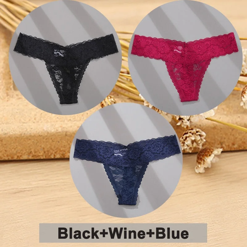 3PCS/Set Lace Panties Full Floral Underwear Women Panties Underpants Sexy Briefs Thong Lace G-String Female Lingerie Intimates