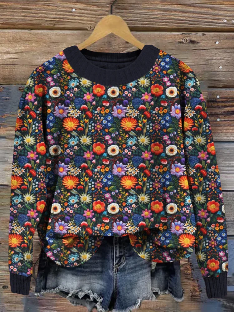🔥kukelife🔥Vibrant Floral Embroidery Art Comfy Knit Sweater