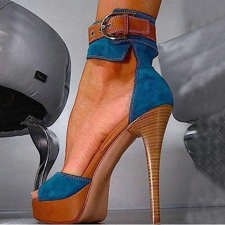 Suede Ankle Strap High Heels Platform Sandals in Blue Vdcoo