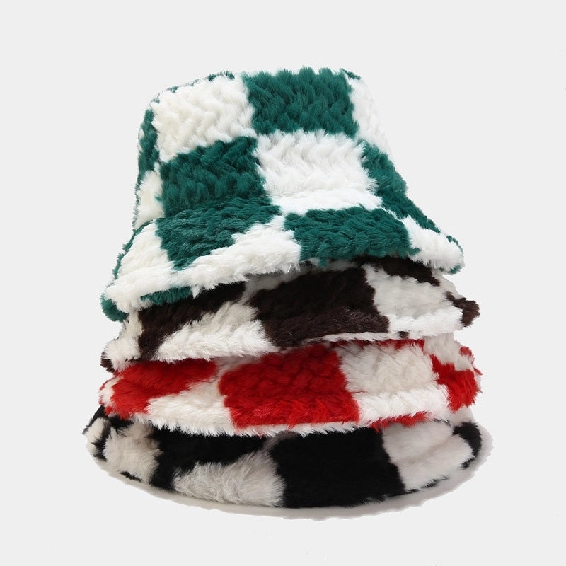 Autumn And Winter New Arrival Large Plaid Patchwork Fisherman’s Hat Fashionable Thickened Warm Plush Pot Hat Women’s Outdoor Sun Hat