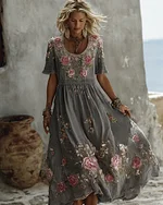Women's Floral Art Print Flowy Linen Blend Casual Short Sleeve Maxi Dress - Image 8