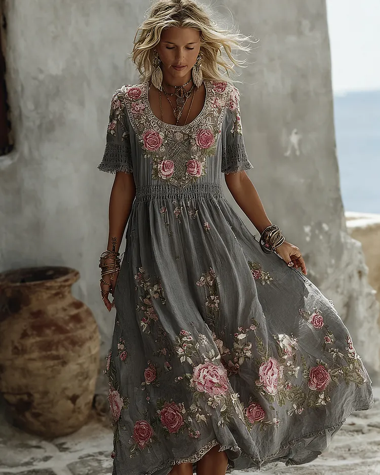 Women's Floral Art Print Flowy Linen Blend Casual Short Sleeve Maxi Dress