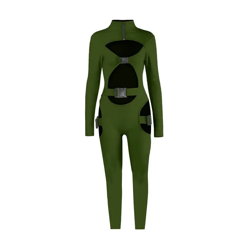 Sexy Women Bodycon Jumpsuit Solid Color Overalls Long Sleeves Rompers Bodysuits High Neck Hollow Out Buckle Biker Short Clubwear