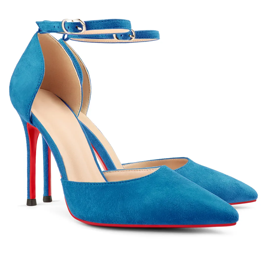 100mm Women&rsquo;s High Heels Ankle Strap Pointed Toe Suede Pumps Wedding Party  Sandals-vocosishoes