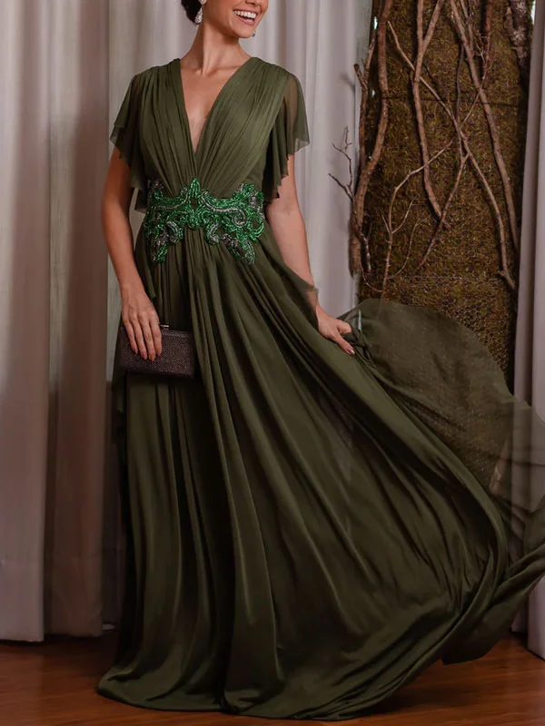 Deep V Temperament Chiffon Embroidery Women's Gowns