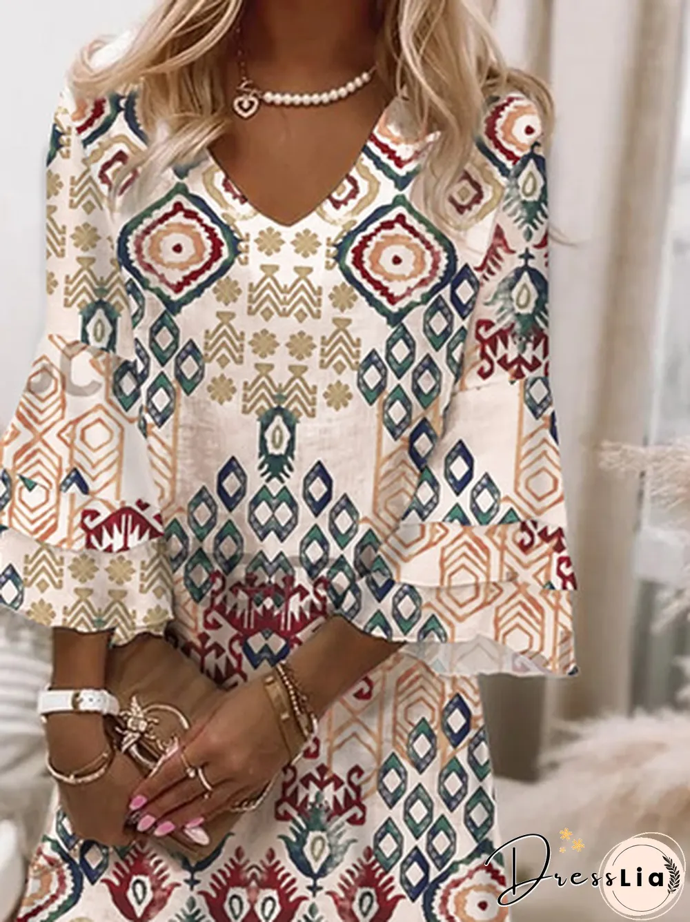 Geometric Printed V Neck Casual Dresses