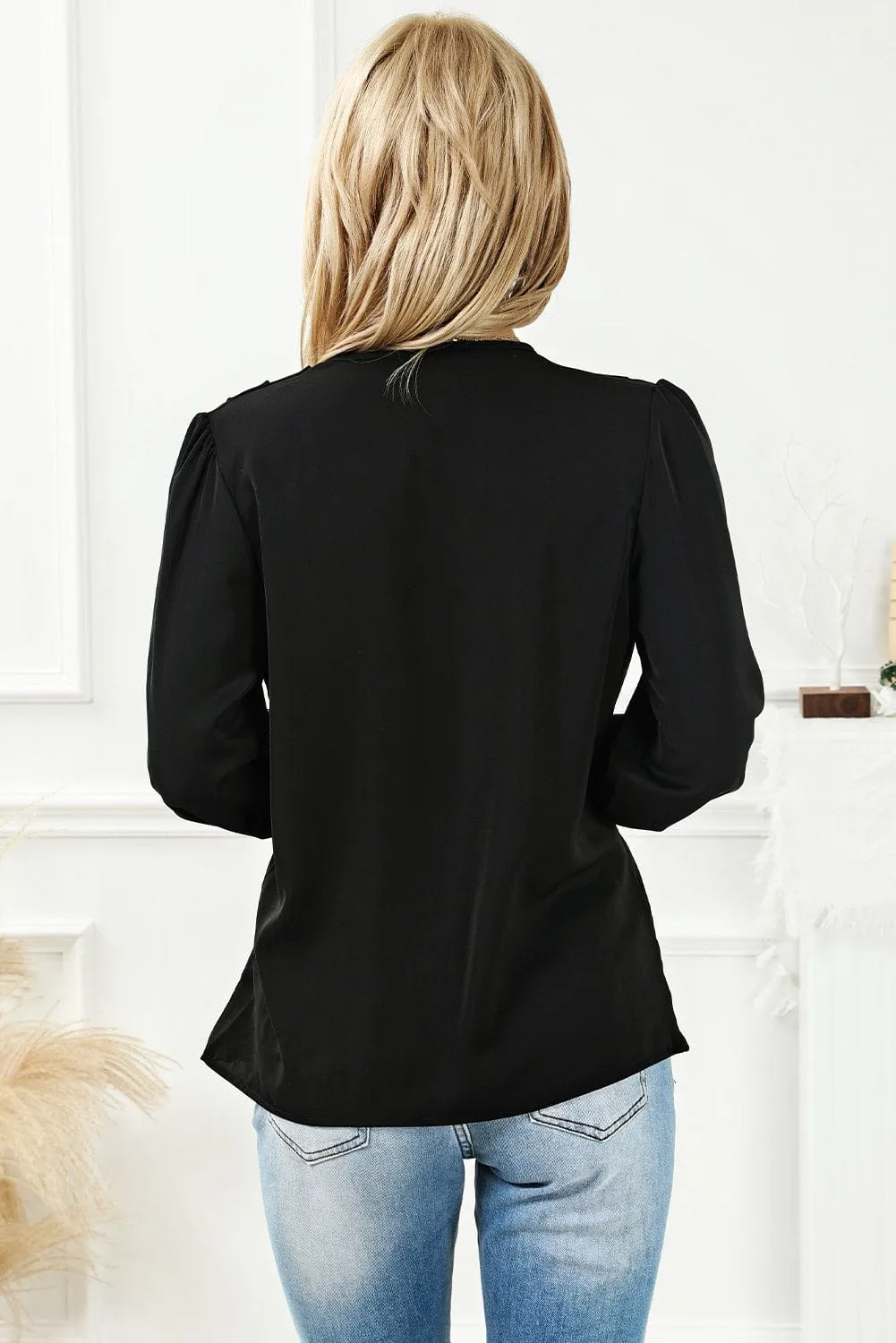Elegant Black Drape Sleeve V-Neck Blouse