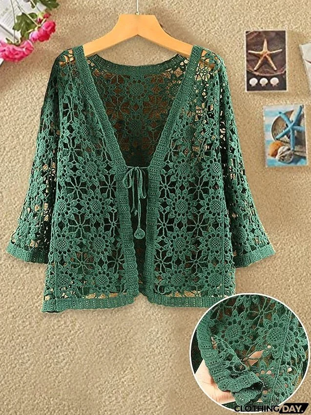 Women's Cardigan Sweater Jumper Crochet Knit Lace up Hole Solid Color V Neck Stylish Casual Daily Going out Summer Spring Black White S M L