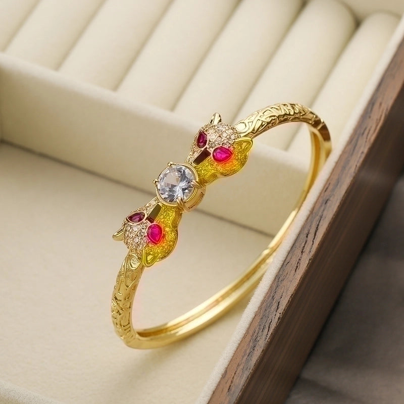 2 Pieces Hip-hop Leopard Copper 18k Gold Plated Pearl Zircon Bangle In Bulk