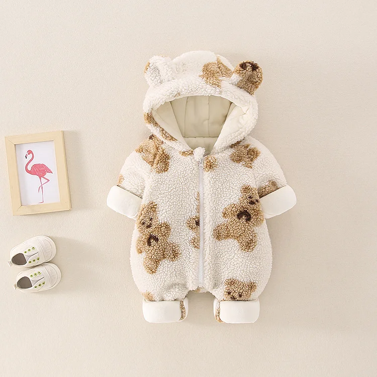 Winter Baby Boy/Girl Bear Pattern Long Sleeve Hooded Fluff Romper