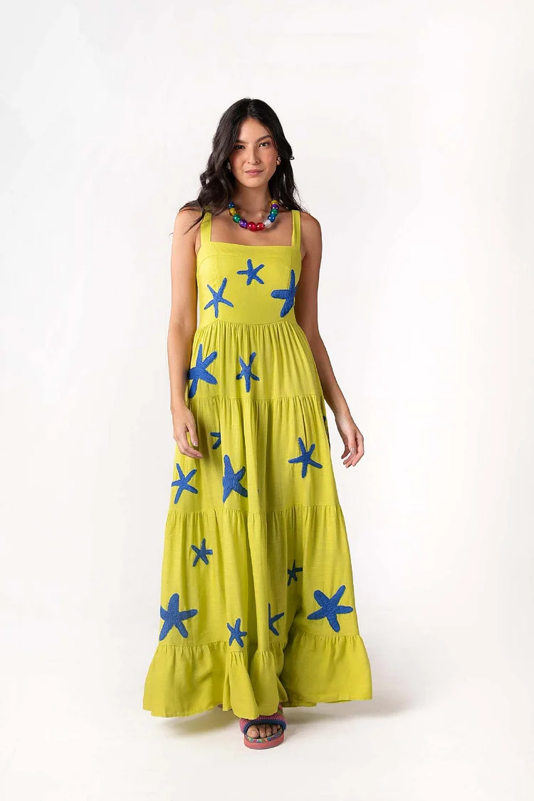 Vacation Style Embroidered Pleated Hem Camisole Dress