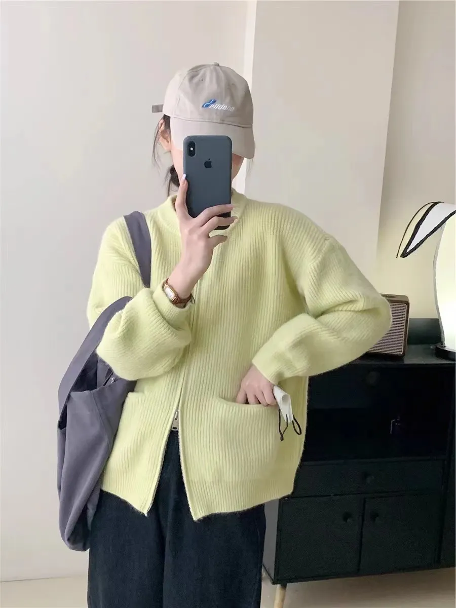 Churchf Color Lazy Wind Double-Headed Zipper Soft Waxy Sweater Autumn New Women's High-Level Versatile Knit Cardigan