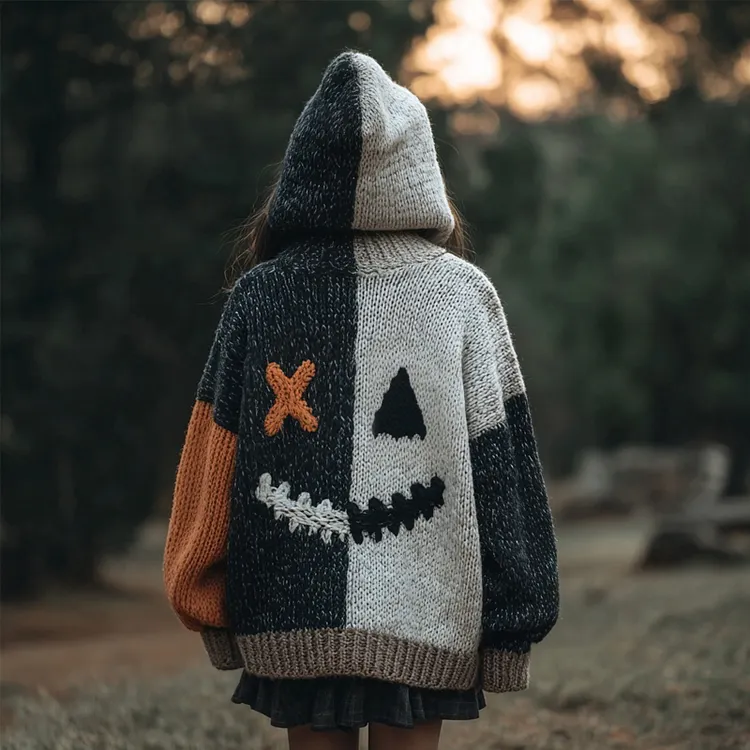Vintage Halloween Spooky Face Contrast Color Knitted Hooded Cardigan