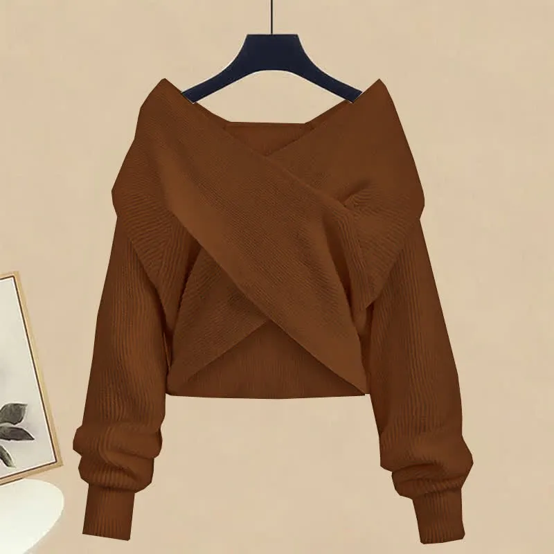Chic Cross Knit Crop Sweater Casual Suit Pants