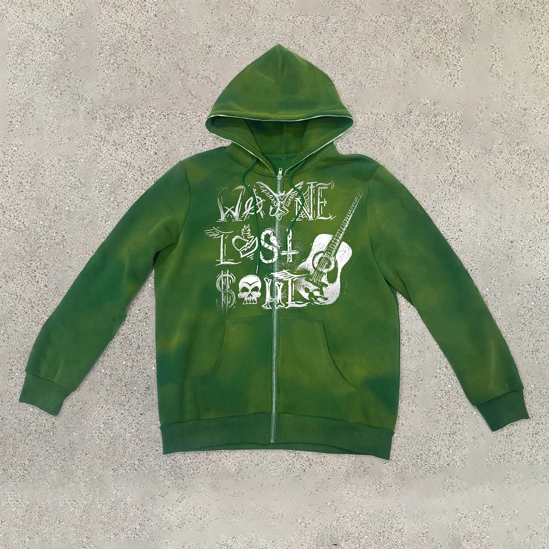 Vintage Tide Print Gradient Tie-Dye Zip Hoodie