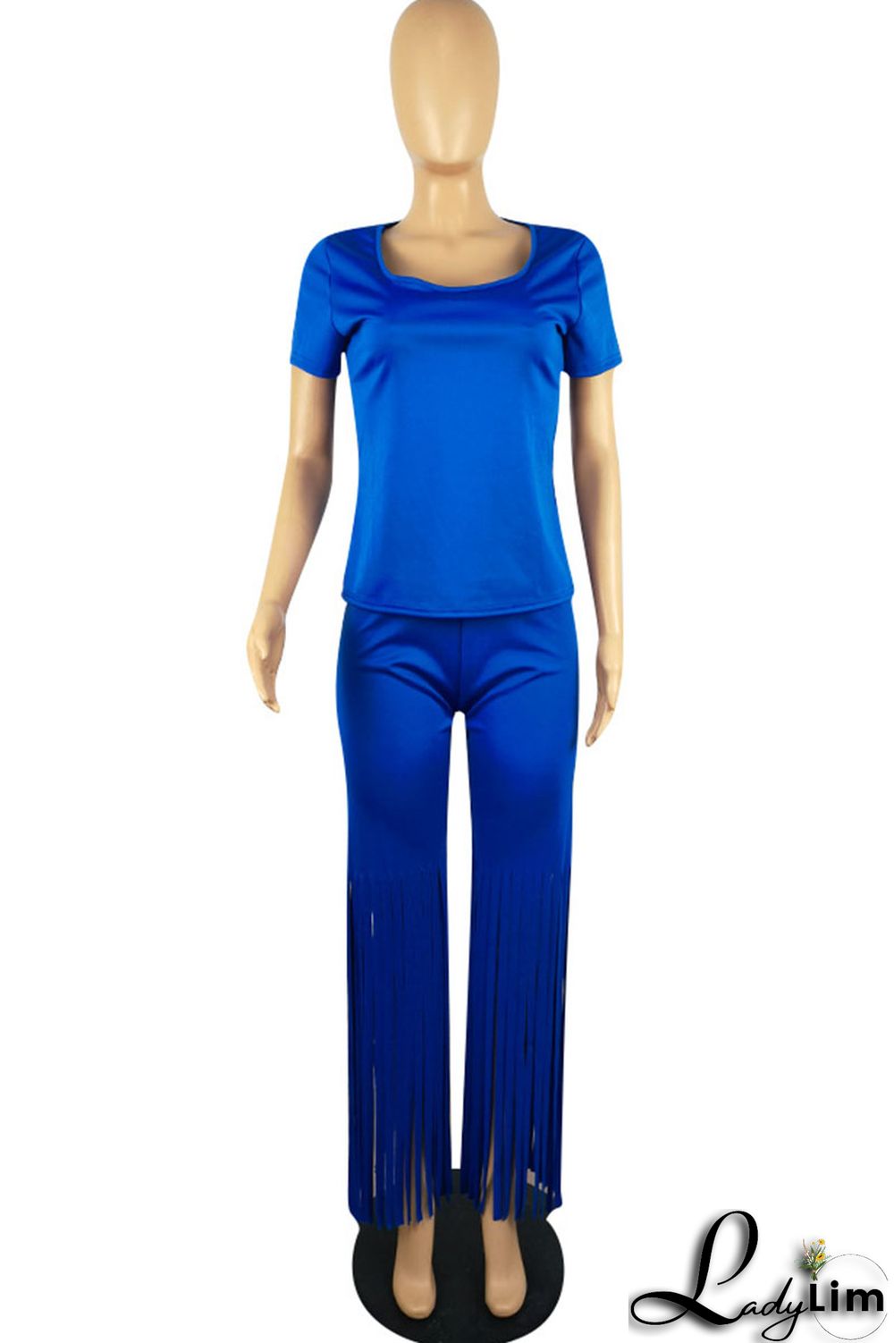Pink Casual Solid Tassel Split Joint U Neck Short Sleeve Two Pieces