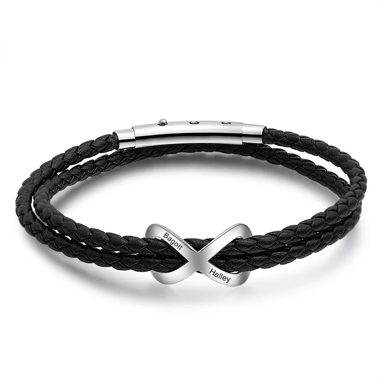 Men Cross Braided Leather Bracelets with 2 Names Layered Bracelet Gifts for Him