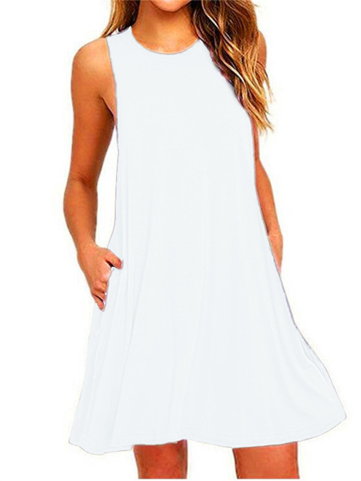 Summer New Sleeveless Pockets Undershirt Solid Color Dresses Round Neck A-line Dress Dresses
