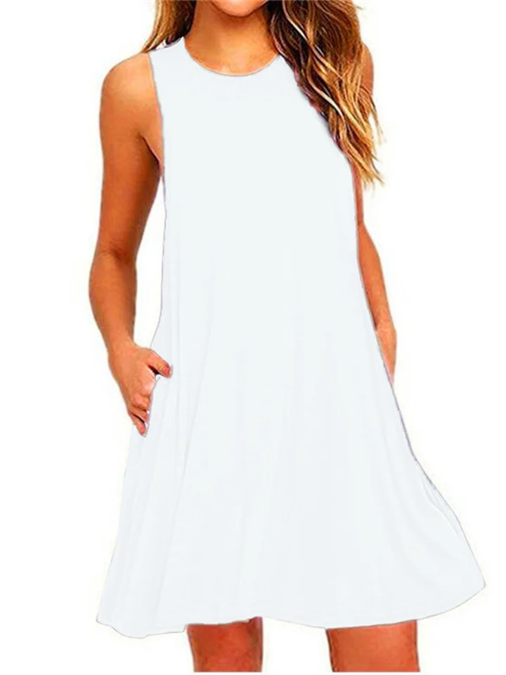 Summer New Sleeveless Pockets Undershirt Solid Color Dresses Round Neck A-line Dress Dresses-Cosfine