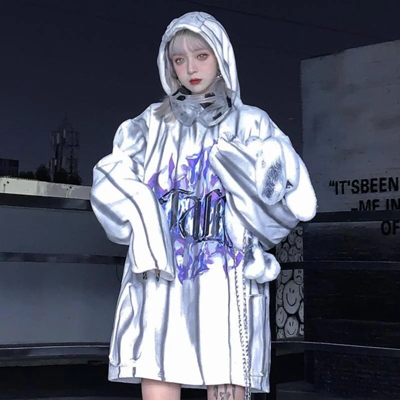 Oversized Flame Hoodie Streetwear Hip Hop Women Cartoon Sweatshirts Casual Autumn High Street Pullover Hoodies Funny Casual Tops