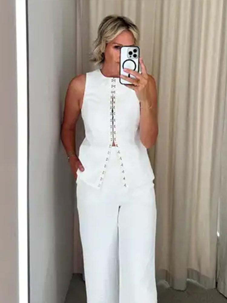 Standawon costume ideas women Women's Vest Trousers Suits Fashion Metal Buttons Square Neck Sleeveless Female Waistcoat Sets High Waist Straight Pants Outfits