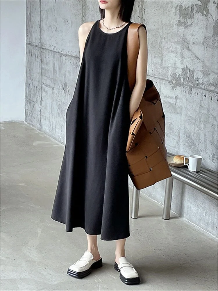 Casual Loose Solid Color O-neck Pockets Sleeveless Dress 