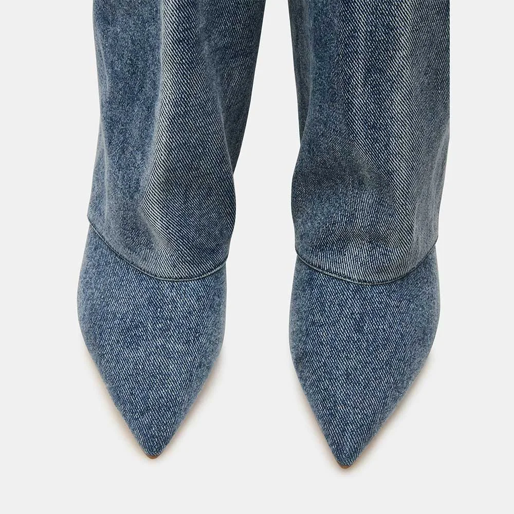 Stylish Denim Pointed Toe Pull On Knee High Heeled Boots in Blue