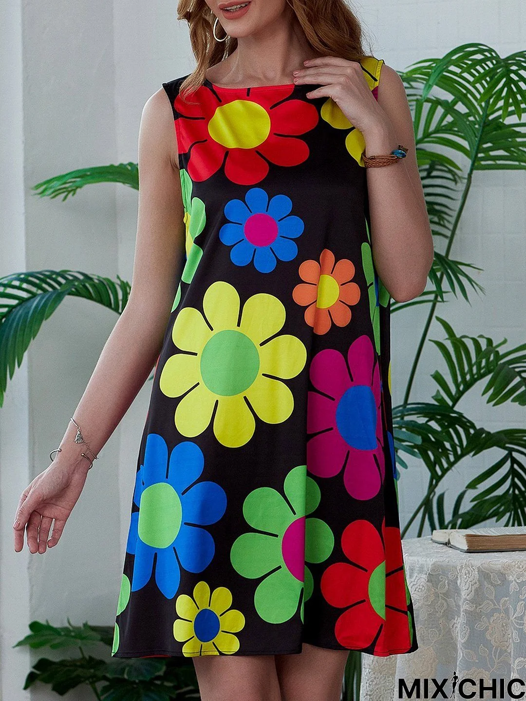 Multicolor Crew Neck A-Line Sleeveless Weaving Dress